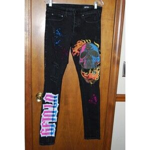 GFTD LA Los Angeles Men's Embellished Distressed Skinny Jeans Size 32 Black